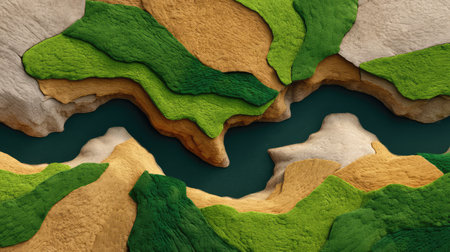 This stunning abstract landscape features a serene river winding through lush green hills and smooth earthy textures, perfect for artistic and nature-themed projects.の素材