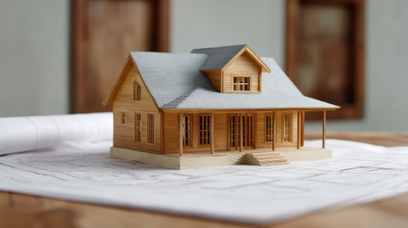 A charming wooden house model displayed on a blueprint, illustrating architectural design details. Ideal for construction projects and creative inspiration.の素材