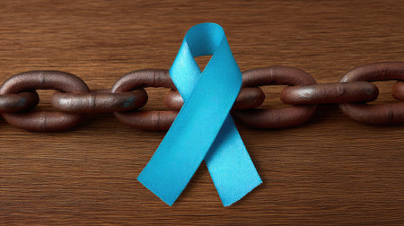 A blue ribbon placed on a wooden background with chains illustrates a strong message of support and awareness for various causes, emphasizing unity and resilience.の素材