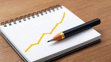 This image features a notepad showcasing a yellow graph representation, with a sleek black pen, embodying the themes of growth, planning, and creativity in a workspace setting.の素材