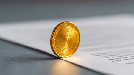 A striking golden coin balances on a crisp document, representing trust and financial integrity with its intricate design and polished surface perfect for business themes.の素材