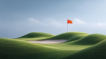 A picturesque golf course scene featuring rolling green hills and an orange flag, perfect for representing outdoor sports, tranquility, and nature's beauty.の素材