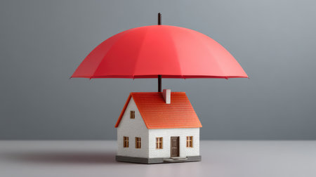 A striking visual of a white model house protected by a vibrant red umbrella, illustrating themes of home safety and insurance concepts against a minimalist grey backdrop.の素材