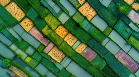 This stunning aerial view showcases vibrant rice fields with striking colors and textures, illustrating the harmony of agriculture and nature in a breathtaking landscape.の素材