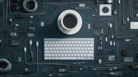 An artistic flat lay showcasing a keyboard, coffee cup, and tangled cables, ideal for illustrating workspace, technology, and productivity themes.の素材