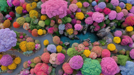 Discover a magical landscape filled with colorful flowering trees and vibrant blossoms, creating a serene and peaceful scene that showcases the beauty of nature.の素材