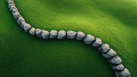 A breathtaking top view of a winding stone pathway through vibrant green hills, showcasing the beauty of nature in a serene and tranquil setting. Perfect for nature lovers.の素材