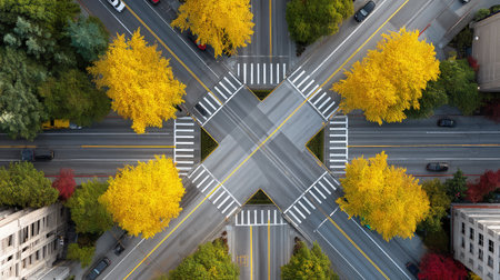 An overhead view captures a lively urban intersection adorned with stunning yellow and red trees, emphasizing the beauty of fall against a modern city backdrop.の素材