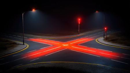 A quiet empty intersection illuminated by red traffic lights, creating a striking scene against the dark night sky, conveying themes of pause and urban solitude.の素材