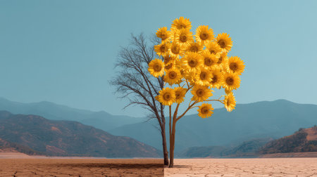A striking visual combining surreal elements of a leafless tree with blooming yellow sunflowers in a dry landscape, symbolizing growth and resilience against adversity.の素材