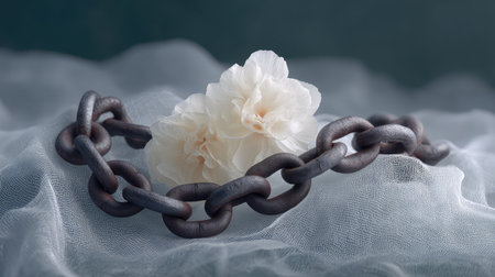 This image presents a striking contrast between a sturdy metal chain and a soft white flower, embodying strength and beauty in a serene setting. Perfect for artistic projects.の素材