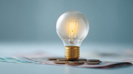 A lit light bulb rests on a background of money, symbolizing innovative ideas and financial growth, perfectly captured for themes of investment and economic development.の素材
