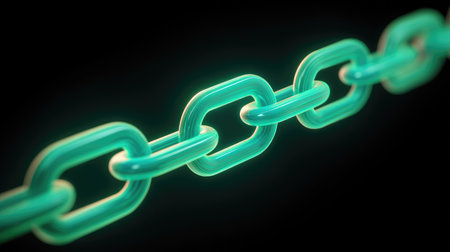 A striking illustration of a glowing cyan chain link on a dark background, representing connection and strength in a modern digital context for various creative applications.の素材