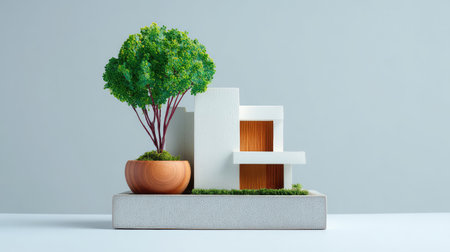 A modern architecture model that highlights contemporary design principles, featuring a potted tree, representing harmony between nature and structure, ideal for creative projects.の素材