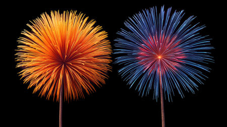 Stunning fireworks bursting in vibrant orange and blue hues create a magical atmosphere, perfect for celebrating special events and holidays under a starry night sky.の素材