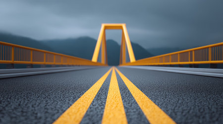 A striking view of a modern bridge with vibrant yellow accents stretches over a quiet road, surrounded by mountains and dramatic skies, inviting exploration and connection.の素材