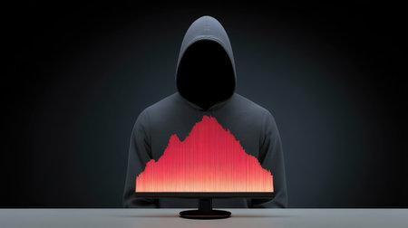 A mysterious figure in a hoodie sits in front of a monitor displaying a graph, representing data insights and the complexities of technology in a dark environment.の素材
