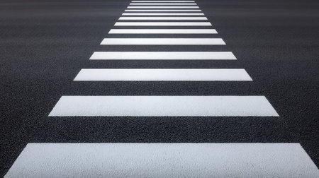 A high-angle view of a zebra crossing painted in bright white against a textured asphalt road, illustrating the importance of pedestrian safety in urban environments.の素材