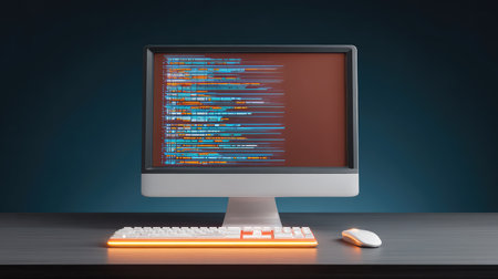 A sleek modern computer setup featuring a monitor displaying colorful lines of code against a dark background, complete with a stylish keyboard and mouse for programming.の素材