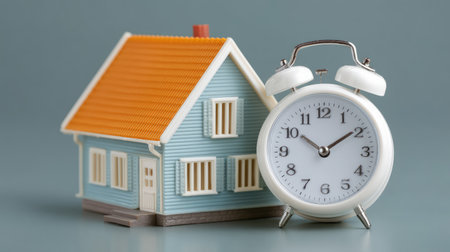 A charming scene featuring a miniature house and an alarm clock, representing the relationship between time and home management in a visually appealing setup.の素材