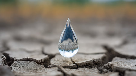 A stunning close-up of a clear water droplet suspended above parched, cracked earth emphasizes the severity of water scarcity and the impact of drought on the environment.の素材