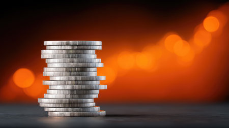 This captivating image features a creatively arranged stack of silver coins against a dark background, highlighting themes of finance, investment, and economic growth.の素材