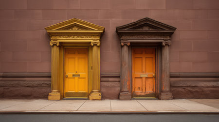 Explore the striking visual contrast of two vibrantly colored doors framed by intricate architectural details against a neutral brown wall, depicting urban charm.の素材