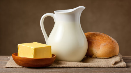 A charming arrangement of a milk jug, butter block, and fresh bread roll on a wooden table evokes a cozy breakfast scene, perfect for culinary inspiration and home cooking.の素材