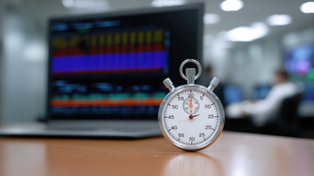 Stopwatch positioned in front of a computer showing financial charts, symbolizing the importance of time in business decision-making and analysis.の素材