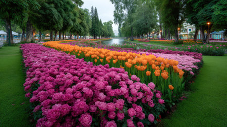 A stunning garden scene featuring vibrant tulips and roses arranged in a beautiful pathway, creating a peaceful atmosphere near a serene waterbody surrounded by lush greenery.の素材