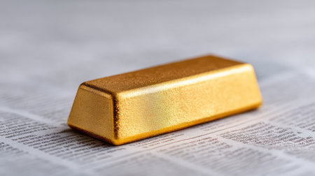 A stunning gold bar positioned delicately on textured paper, reflecting light beautifully, symbolizing wealth and investment in a sleek, minimalist presentation.の素材
