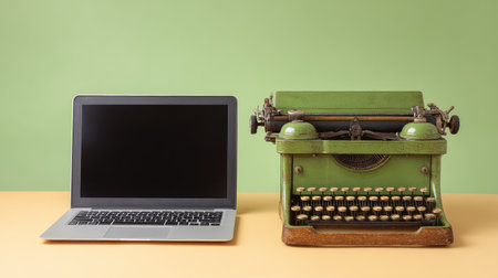 This image features a vintage typewriter beside a modern laptop, highlighting the evolution of writing tools and technology, set against a neutral background.の素材