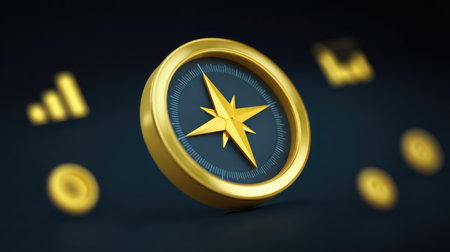 A striking golden compass against a dark background, surrounded by minimalistic icons that symbolize direction, growth, and journey, perfect for modern visual themes.の素材