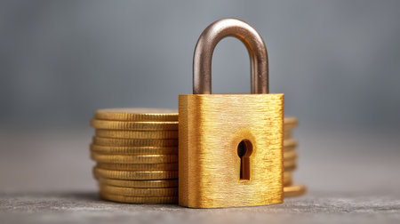 A golden padlock sits prominently next to stacks of coins, illustrating the concepts of security and protection in financial investments and wealth management.の素材