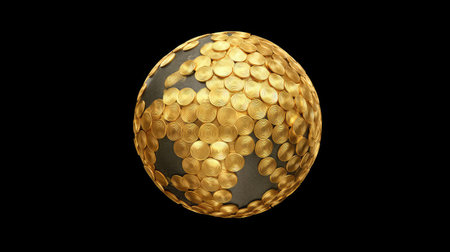 This image features a striking gold coin sphere that embodies the concepts of wealth and prosperity. The black background enhances its luxurious appearance, making it perfect for financial themes.の素材