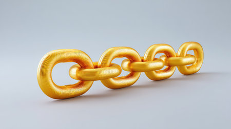 A striking image of golden chain links with a unique curved design on a clean, neutral background, representing connection, strength, and modern elegance for artistic use.の素材