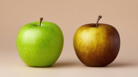 This image features a green apple juxtaposed with a brown apple, showcasing the natural lifecycle of fruit, perfect for themes of health, freshness, and decay in food photography.の素材