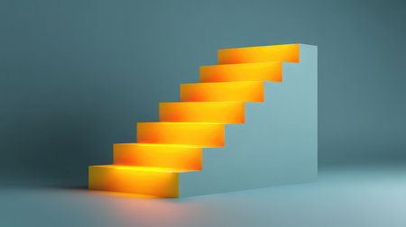 This image depicts a modern staircase featuring steps illuminated with warm lighting, emphasizing a minimalist design perfect for contemporary interiors and stylish spaces.の素材