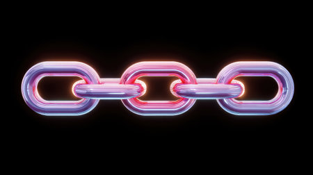 This vibrant and futuristic neon chain link design features glowing effects and vivid colors, perfect for representing digital security and modern technology in creative projects.の素材