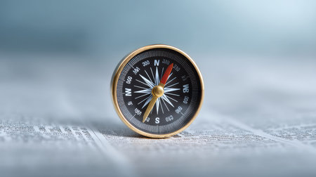 This image features a classic brass compass resting on a textured surface, perfect for themes of navigation, exploration, and adventure in travel-related projects.の素材