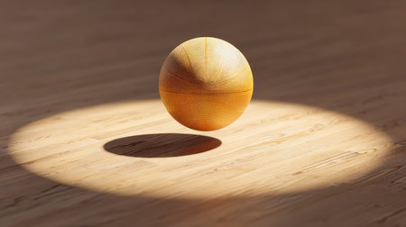 A vibrant basketball floats in a spotlight on a polished wooden court, capturing the essence of sports, motion, and the passion for the game in a striking focus.の素材
