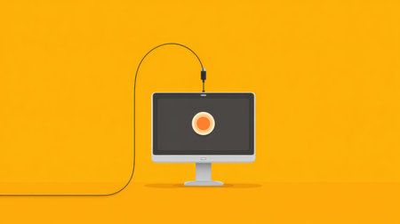 A captivating visual of a computer monitor connected by a cable, set against a bright yellow background, perfect for illustrating concepts of technology and creativity.の素材