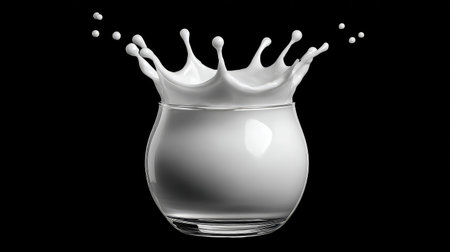 Captivating image of milk splashing in a glass bowl on a black background, perfect for advertisements and creative projects that highlight freshness and fluid motion.の素材