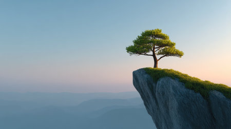 A solitary tree stands confidently on a rocky cliff, bathed in the warm glow of sunrise, surrounded by gentle mountains that evoke a sense of peace and wonder.の素材