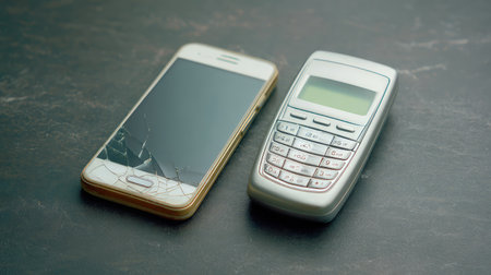 A striking image showcasing a modern smartphone with a cracked screen placed alongside a classic cell phone, illustrating the evolution of communication technology.の素材