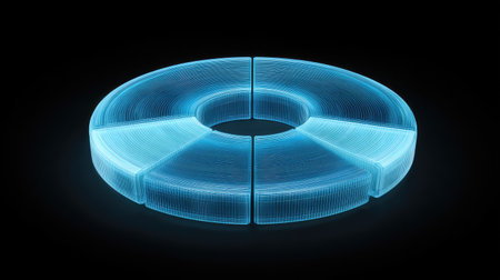 A striking 3D circular diagram glowing in blue light against a dark background, representing modern technology and data visualization concepts in a visually captivating way.の素材