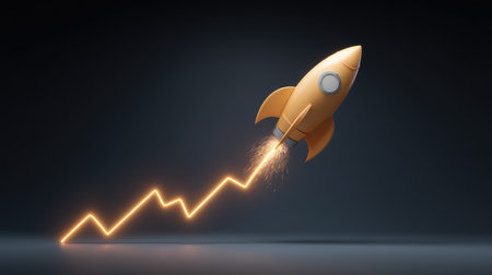 A stunning illustration of a golden rocket launching upward, accompanied by dynamic lines and sparks, symbolizing growth and success in contemporary business and innovation.の素材