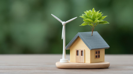 A charming miniature home featuring a wind turbine and a vibrant green plant, showcasing the importance of sustainability and innovation in modern living practices.の素材