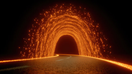 A mesmerizing tunnel scene filled with glowing orange sparks, creating a captivating and surreal atmosphere perfect for digital artwork or creative projects.の素材
