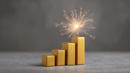 A vibrant growth chart with yellow blocks topped by a sparkler, symbolizing success and positive progress in various aspects of life and business.の素材